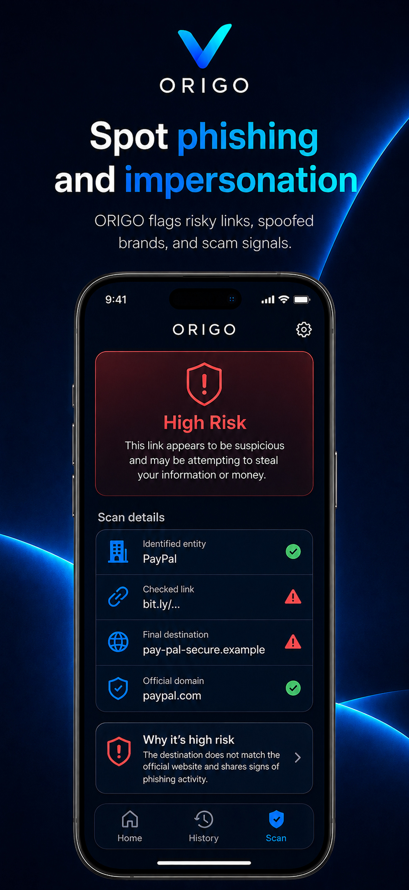 ORIGO — phishing and impersonation result